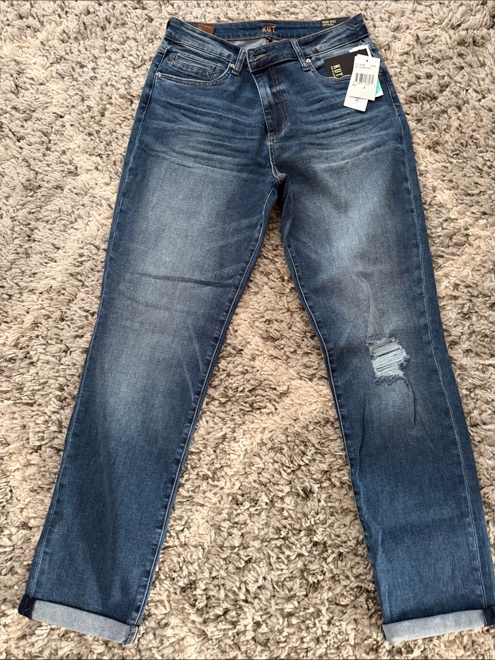Kut from the Kloth Dark Blue Boyfriend Jeans with Distressed Knee